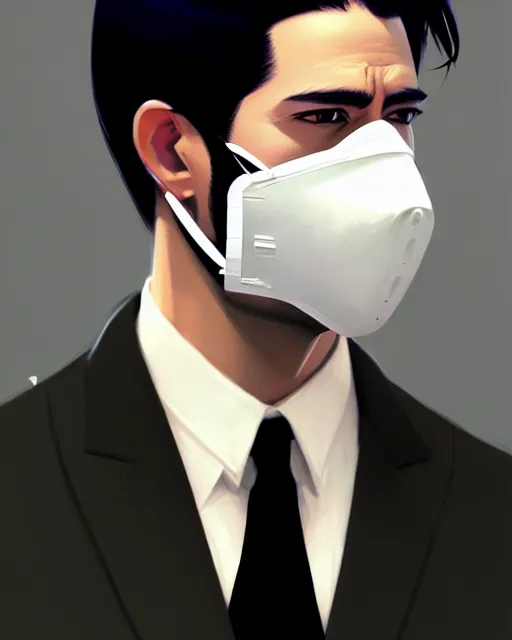 Prompt: a ultradetailed beautiful panting of a stylish man wearing a shirt with a tie and black medical mask, by ilya kuvshinov, greg rutkowski and makoto shinkai, trending on artstation