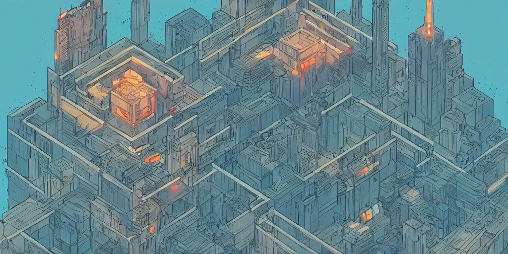 Prompt: concept art of an epic tesseract in style of dan mumford and laurie greasley by james gilleard, very detailed, clean lines, atmospheric, vivid, wide angle