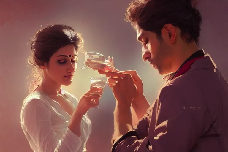 Image similar to Anxious good looking pale young Indian doctors drinking, portrait, elegant, intricate, digital painting, artstation, concept art, smooth, sharp focus, illustration, art by artgerm and greg rutkowski and alphonse mucha