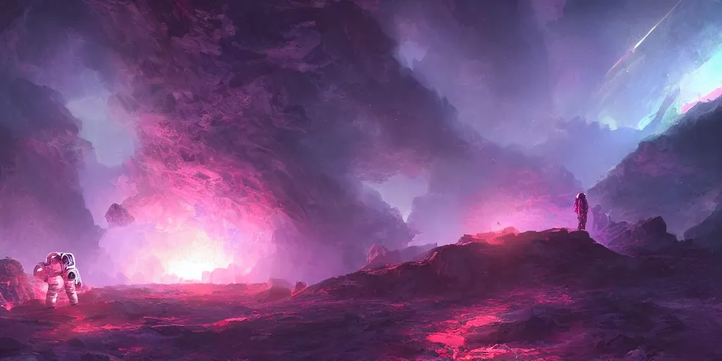 Image similar to one small astronaut standing in the ruins of crux prime, purple fiery maelstrom in the distance, digital art, artstationhq