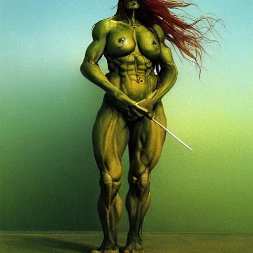 Prompt: a full character portrait of a toned physique green orc woman with a ponytail in full plate armor, by zdzisław beksinski