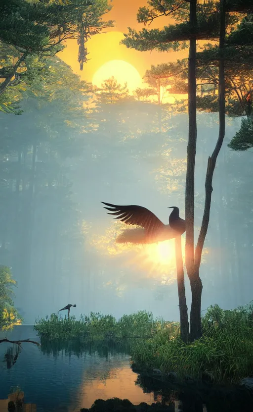 Image similar to made in unreal engine, a huge japanese crane bird is chilling above a lake in the middle of a forest of japanese pines, a big red sun in the background, front game card, realistic rendering, high details, trending on artstation, 8k, stunning, volumetric lights