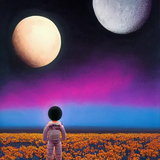 Prompt: AN 8K RESOLUTION MATTE PAINTING OF A BLACK BOY DRESSED LIKE AN ASTRONAUT IN A FIELD OF COTTON CANDY Watching the moon explode from a distance, BY CHRIS LEIB AND Alan Bean and Agostino Arrivabene in a surreal style. Vibrant, VIVID COLORS, retro scifi, ASTROPHOTOGRAPHY,             retroscifi, synthwave