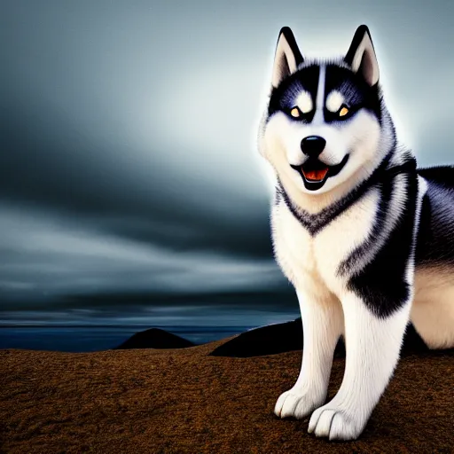 Prompt: a scenic photograph of a husky with its eyes closed. the whole husky is visible in frame. eyes are closed. polar background, ominous sky, meteorites are crashing through the clouds. octane render, extreme detail, super symmetrical photograph, 8 k