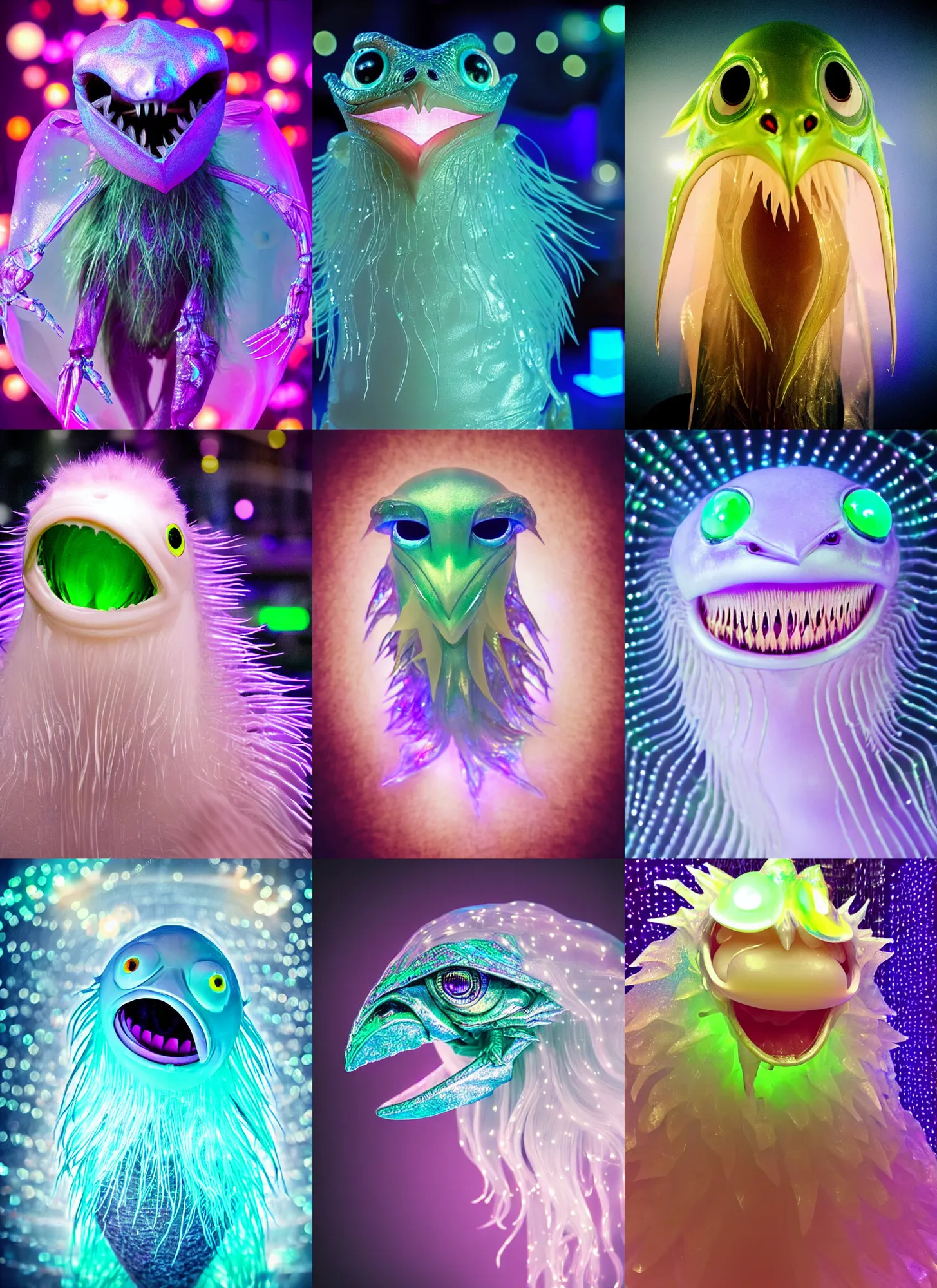 Prompt: kawaii portrait of a silly bashful scifi saliva skeksis creature of love, painfully adorable, soft iridescent membranes, gushy gills and baleen, translucent skin shows cute skeletal details in front of arcade bokeh lights, friendly, occult, gelatinous with wittle tiny teeth