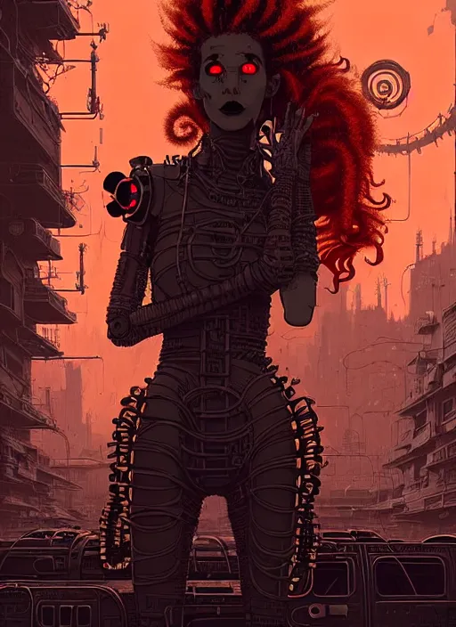 Image similar to highly detailed portrait of wasteland punk long curly fire hair tribal lady, stray wiring by atey ghailan, james gilleard, by joe fenton, by greg rutkowski, by greg tocchini, by kaethe butcher, 4 k resolution, gradient red, orange, black and white color scheme!!! ( ( flaming robotic dystopian city spiral background ) )