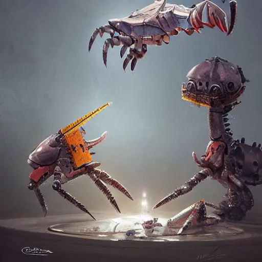 Image similar to a gray unicorn alien is changing batteries to a robotic crab, with african decoration and a spongebob puppet, highly detailed, concept art, art by wlop and artgerm and greg rutkowski, masterpiece, trending on artstation, 8 k