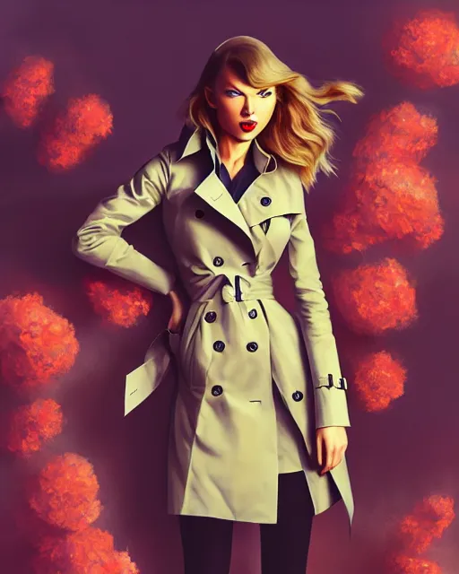 Image similar to taylor swift wearing fashionable trench coat, auburn flower storm, volumetric lighting, jesper ejsing, artgerm, petros afshar, tom whalen