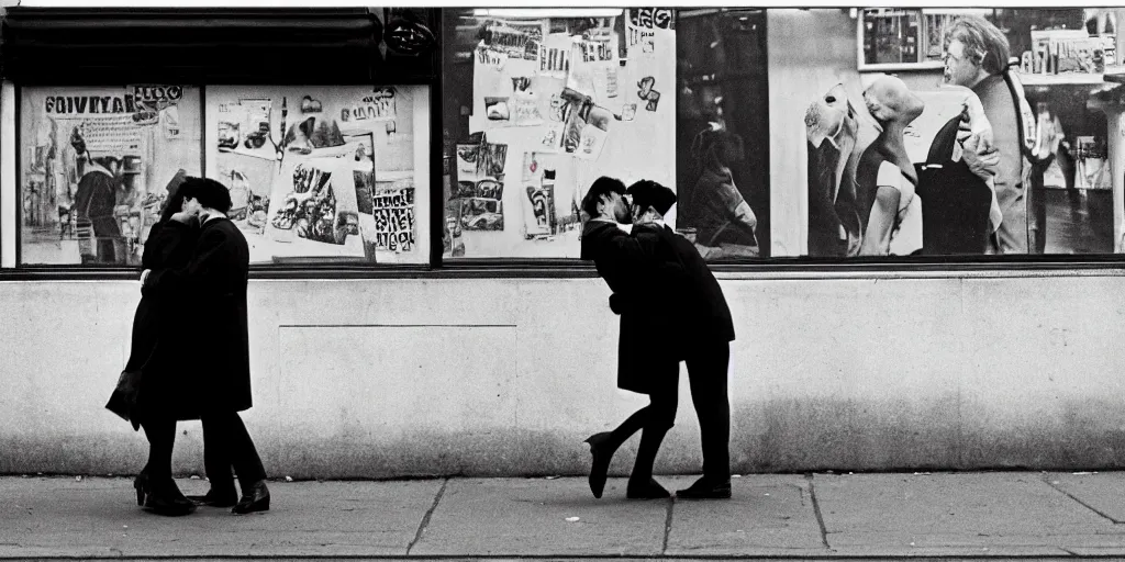 Image similar to street photo, couple of man and woman kiss on the background of the war, film photography, exposed b & w photography, christopher morris photography, bruce davidson photography, peter marlow photography