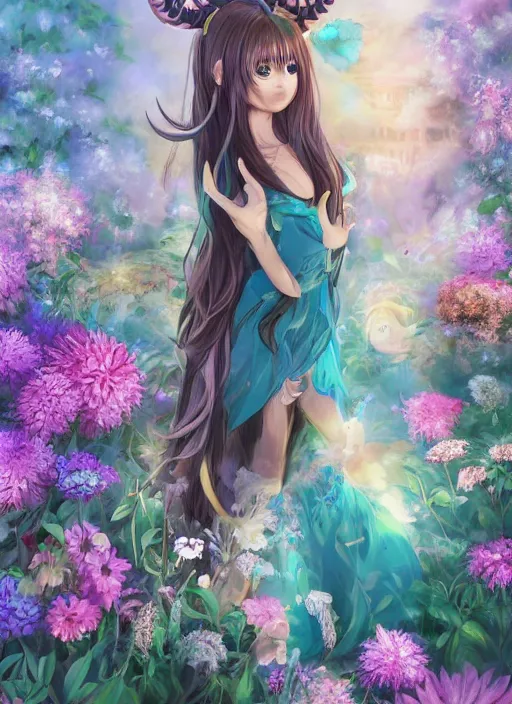 Prompt: portrait of a cute beautiful young woman, with long turquoise hair, big cute eyes, and a blue dress, Horns, intricate jewelry, realistic anime, backlit, strong rim light, subsurface scattering, realistic shaded perfect face, fine details, in a garden full of flowers and Butterflies, volumetric lighting, sharp focus, excellent composition, octane render, trending on artstation, 8k