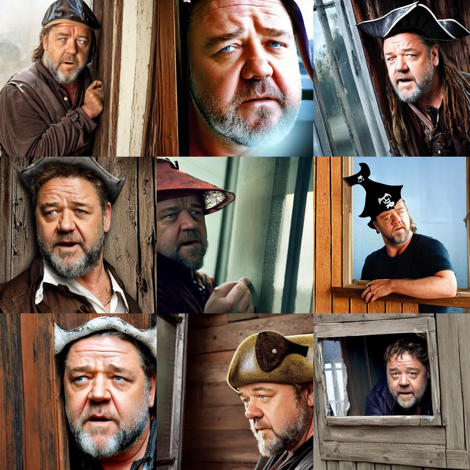 Prompt: russell crowe wearing a too wide silly pirate hat behind a dirty window and wooden wall peering out to the camera