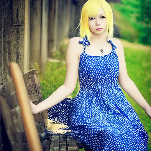 Prompt: anime kerli koiv young female model sitting on bench photography sun dress beautiful face and body, dramatic light 8 0 mm camera