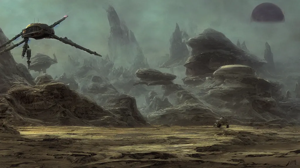 Image similar to small organic dropship lander by john schoenherr and jim burns, epic cinematic matte painting