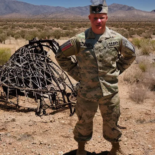 Prompt: us military soldier standing next to crashed ufo wreckage stainless steel metal professional portrait photo new mexico sonora desert in background