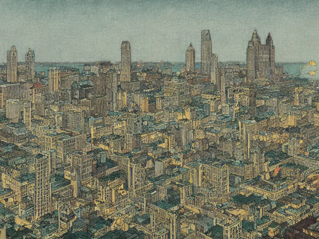 Image similar to highly detailed illustration of the milwaukee skyline, by edmund dulac and android jones, scans from museum collection