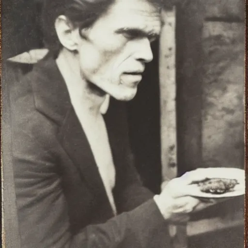 Prompt: old photo of willem dafoe eating pizza, daguerrotype, tintype, dirty. faded. old photograph, scratches