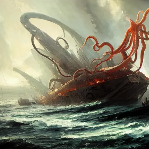 Prompt: a giant squid with bulging eyes, tentacles rising from the sea, exploded ship, magic the gathering art, art by greg rutkowski, fantasy rpg, league of legends