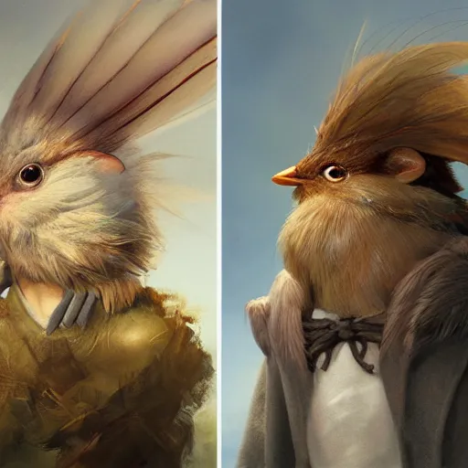 Prompt: portrait character design, a cute feathered mouse, feathers plumage, plumed by brian froud, portrait studio lighting by jessica rossier and brian froud and gaston bussiere