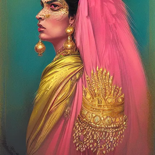 Prompt: side portrait of a beautiful Indian queen of tigers, pink and gold, by Anato Finnstark, Tom Bagshaw, Brom