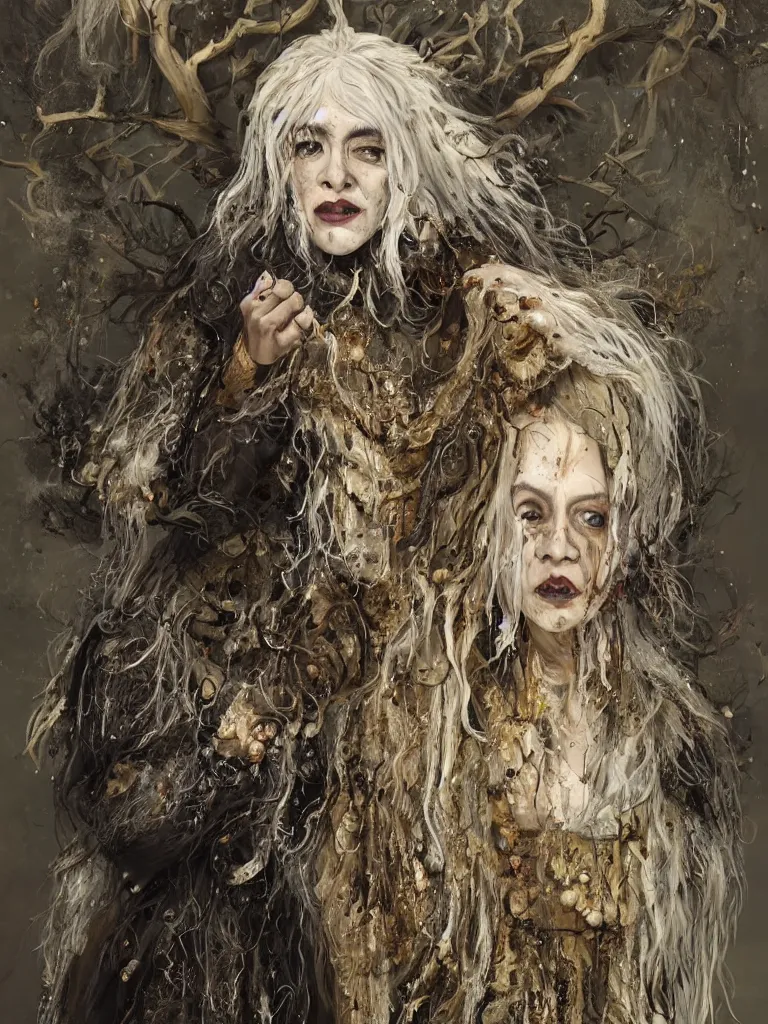 Prompt: splatterpunk portrait of an old witch with cream coloured hair wearing a heavy dark feathered and fur lined cloak in a cloistered woodland, James Gleeson inspired, golden accents, face, fantasy, intricate, highly detailed, digital painting, artstation, concept art, smooth, sharp focus, illustration, art by Wei Fan and Fernanda Suarez and Artem Demura and alphonse mucha