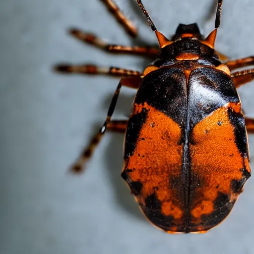 Prompt: a giant brown marmorated stink bug on a hotel bed, bug, beetle, hotel, bed, pentatomidae, halyomorpha halys, canon eos r 3, f / 1. 4, iso 2 0 0, 1 / 1 6 0 s, 8 k, raw, unedited, symmetrical balance, wide angle