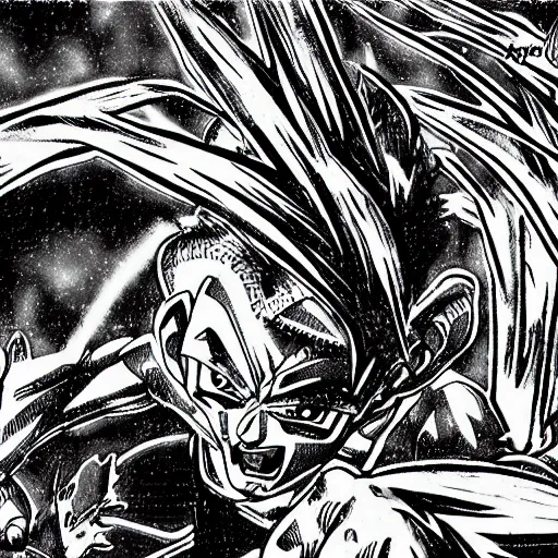 Prompt: Ultra Instinct Frank Zappa Dragon Ball Super manga panel award winning black and white art by Frank Zappa highly detailed pen and ink matte painting