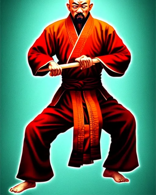 Image similar to richly detailed color illustration of a shaolin-christian-father-kung-fu illustrated by Artgerm and Timothy Kong . 3D shadowing