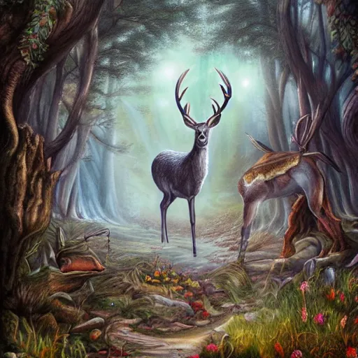 Prompt: a detailed fantasy painting of a deer in a forest looking at a robot city, by lauri blank, artgerm, evelyn de morgan, 8K, 50mm lens