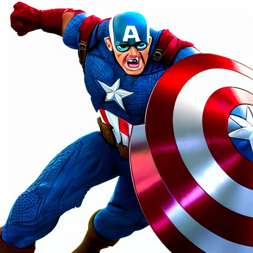 Prompt: hyperdetailed 3 d cartoon render of cartoon captain america being thrown into a garbage can, a sign reads biden did this, exaggerated facial features, cartoon style, white background, low angle shot, cinematic studio lighting, studio quality, octane render, unreal engine 5, trending on artstation, art by sebastian jm, 8 k