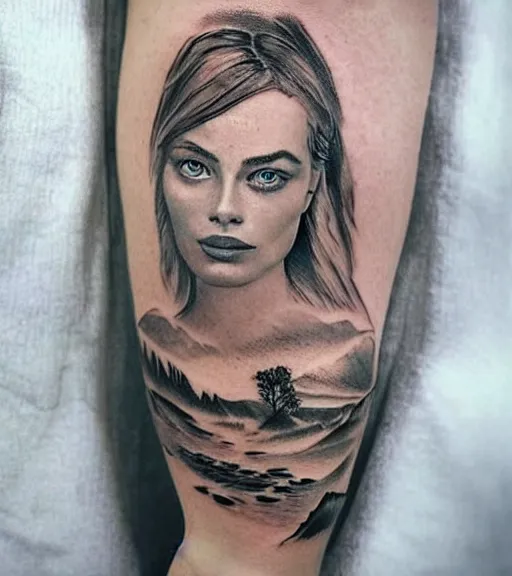 Image similar to beautiful durrealist double exposure tattoo sketch of margot robbie and beautiful mountains mash up, in the style of lesha lauz, amazing detail, sharp