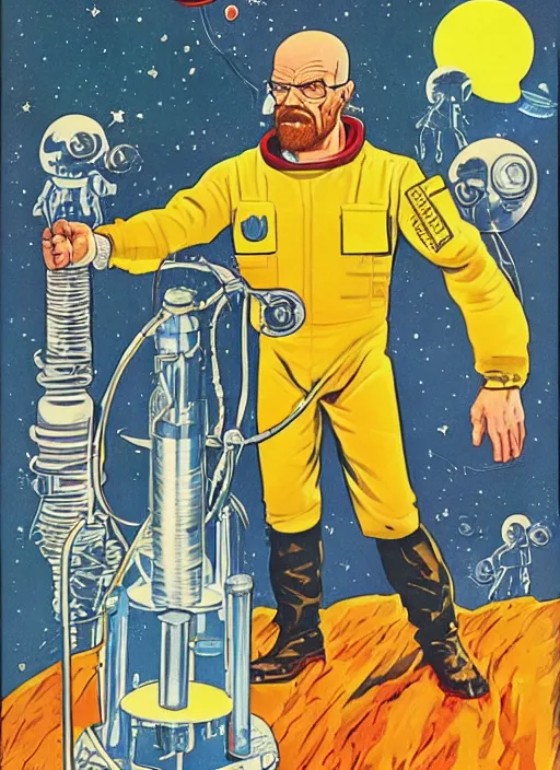 Image similar to Walter White as space cowboy in retro science fiction cover by Kelly Freas, vintage 1960 print