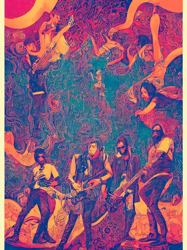 Prompt: a psychedelic poster of khruangbin trio musicians by james jean, paul lehr, krizpii, christian orrillo, risography print,