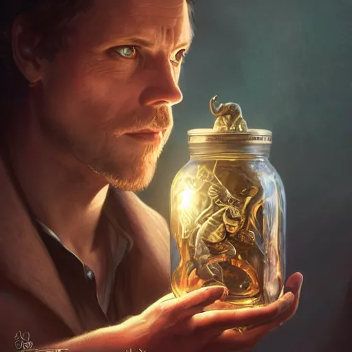 Image similar to man holding he's soul in a jar portrait, backlight, rim lighting, deep focus, d & d, fantasy, intricate, elegant, highly detailed, digital painting, artstation, concept art, matte, centered, sharp focus, illustration, hearthstone, art by artgerm, greg rutkowski and alphonse mucha