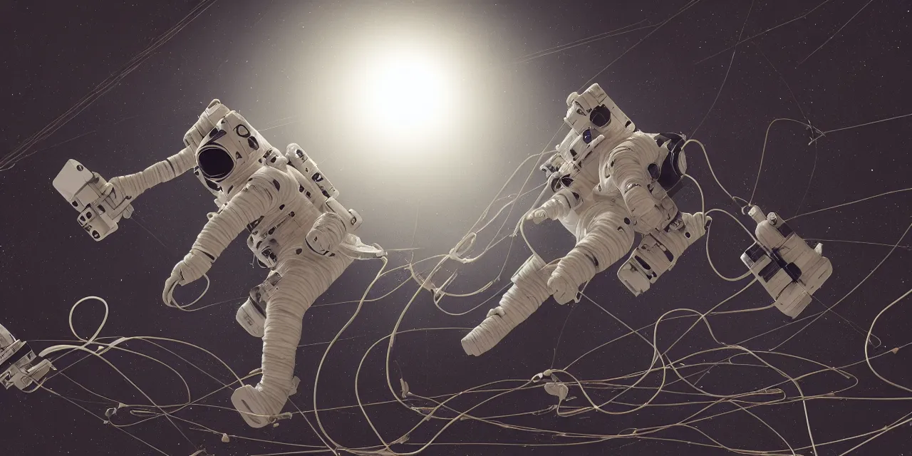 Image similar to astronaut entangled by a lot of cables, connected to a supercomputer designed by Dieter Rams, cinematic lighting, haze, moonlight, strong shadows, octane render, lens flare