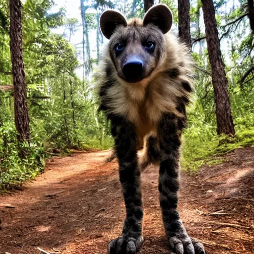 Prompt: furry anthro Crocuta crocuta anthropomorphic spotted hyena man wearing cargo shorts professional profile photo portrait hiking forest in background