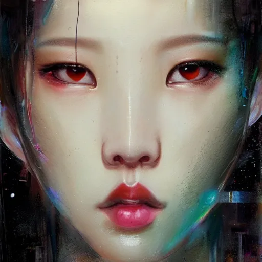 Image similar to jisoo of blackpink, snake, hyperrealistic portrait, bladerunner street, by karol bak and agnes cecile, album cover, fantasy art, photo realistic, dynamic lighting, artstation, poster, volumetric lighting, very detailed face, 8 k, award winning