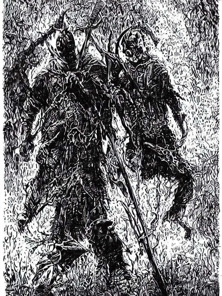 Image similar to Jason Voorhees as a D&D monster, pen-and-ink illustration, etching, by Russ Nicholson, DAvid A Trampier, larry elmore, 1981, HQ scan, intricate details, high contrast