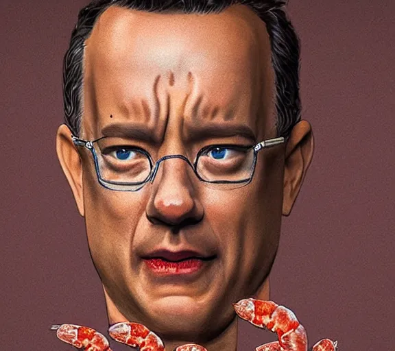 Image similar to Tom hanks as forrest gump wearing a necklace made out of shrimps, realistic face, digital art, in the style of Raphael Lacoste, amazing detail, artstation