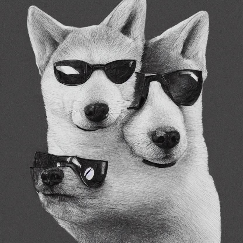 Prompt: a pencil sketch portrait of doge the shiba wearing sunglasses, black and white, white background, fine detail