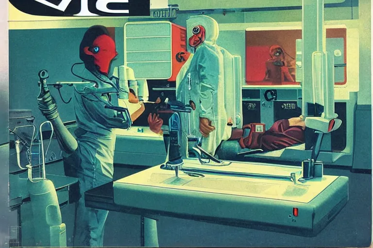 Image similar to 1979 OMNI Magazine Cover of a denture laboratory. in cyberpunk style by Vincent Di Fate