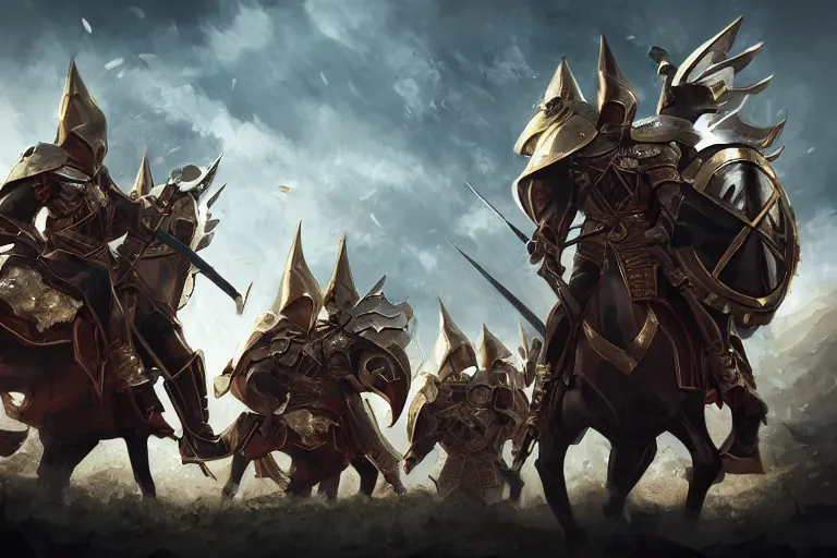 Prompt: royal knights in a shield formation protecting the queen, concept art, digital painting, trending on artstation, deviantart, highly detailed, perfect composition, dramatic lighting, sharp focus, 8 k uhd