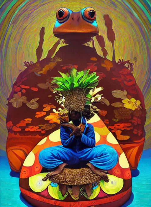 Image similar to zulu shaman sitting inside mouth of large wooden frog. flower fractals in he background. a matte symmetrical portrait award winning abstract art at the tate modern art gallery. by rhads and anato finnstark and alphonse mucha