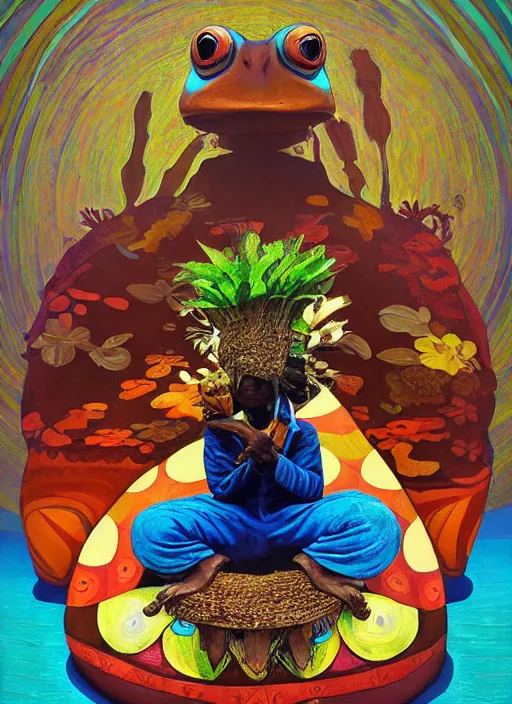 Prompt: zulu shaman sitting inside mouth of large wooden frog. flower fractals in he background. a matte symmetrical portrait award winning abstract art at the tate modern art gallery. by rhads and anato finnstark and alphonse mucha