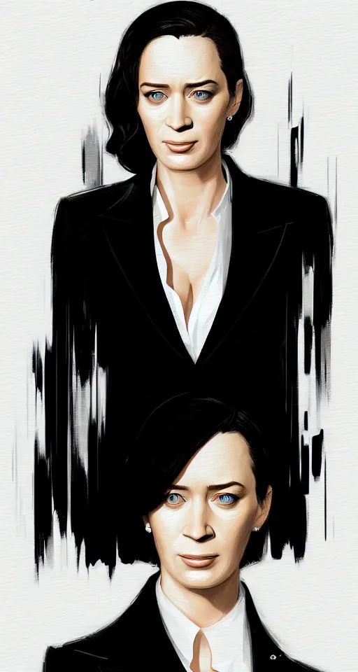 Prompt: portrait of emily blunt as business woman, black suit, white shirt, black tie, intricate, headshot, key visual, conceptart, ambient lighting, highly detailed, digital painting, artstation, concept art, sharp focus, by makoto shinkai and akihiko yoshida and greg manchess