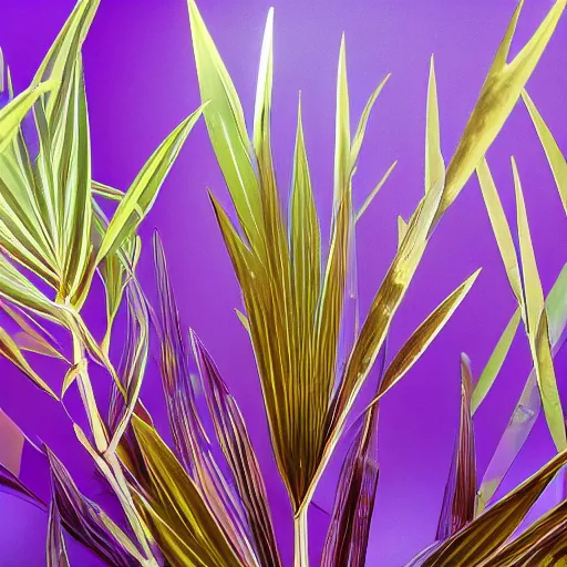 Image similar to an ultra high definition professional studio quality photograph of a transparent iridescent perspex pastel coloured jungle leaves on a plant in an empty white room. dramatic lighting, ray tracing, refraction, shallow d. o. f, colour corrected, golden ratio, three point light. volumetric shadows. god rays.
