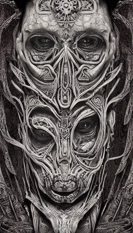 Image similar to ancient interstellar hybrid aztec fantasy beautiful alien symmetrical human face skull mask tattoo pattern concept, teonanacatl glyph, intricate artwork by, Johnatan Wayshak, Zdizslaw Beksinski, face by Artgerm, H.R. Giger, very coherent artwork, cinematic, hyper realism, high detail, octane render, unreal engine, 8k, High contrast, higly detailed black ink outline, crosshatch sketch gradient