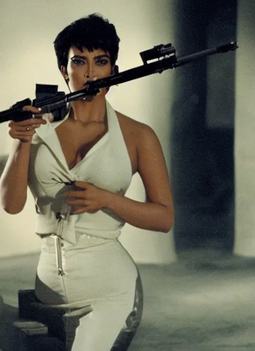 Image similar to film still of kim kardashian as Tony Montana firing a rifle in Scarface, cinematic lighting, finale scene