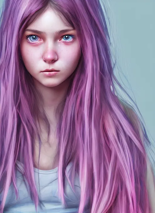 Prompt: highly detailed concept art for the main character in the award winning film named life is better in pink. the character is a unnaturally beautiful teenage girl with deep dark blue detailed eyes and long curled pink dyed hair, wearing light pink clothes. realistic cg render, anatomically correct, high key lighting, trending on art station, vibrant colors.