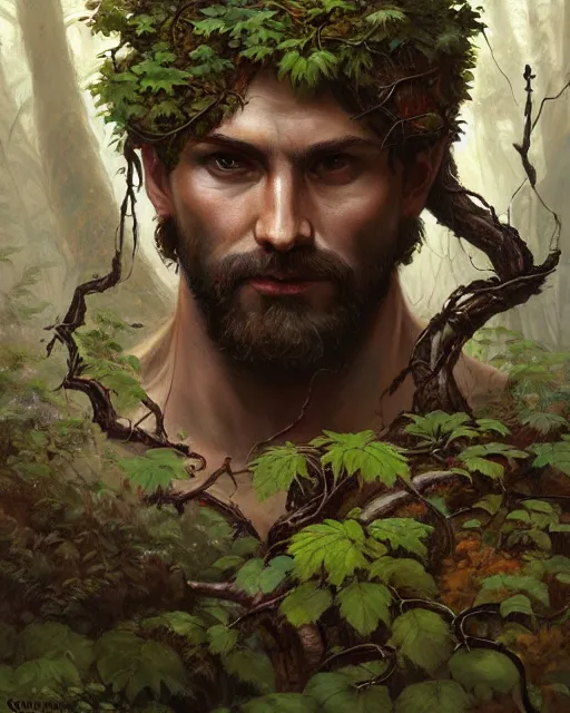 Prompt: god of the forest, 3 0 years old, rugged, male, gorgeous, detailed face, vines. forest, trees, flowers, amazing, muscular, intricate, highly detailed, digital painting, artstation, concept art, sharp focus, illustration, art by greg rutkowski and alphonse mucha