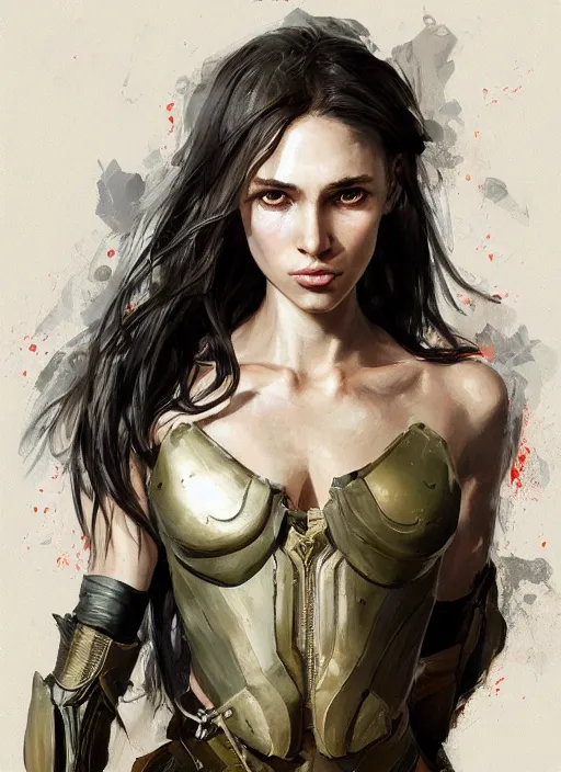 Image similar to a professional painting of a beautiful young female, clothed in military armor, olive skin, long dark hair, beautiful bone structure, symmetrical facial features, intricate, elegant, digital painting, concept art, smooth, sharp focus, illustration, from Metal Gear, by Ruan Jia and Mandy Jurgens and Artgerm and William-Adolphe Bouguerea